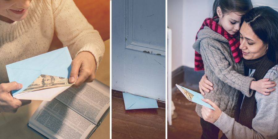 Uma irmã coloca dinheiro em um envelope e envia para uma irmã que está passando necessidade
