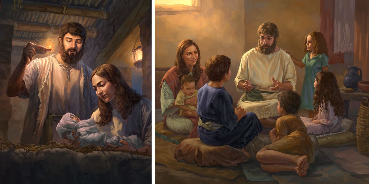 José e Maria com Jesus quando era bebê; José e Maria ensinando Jesus e seus outros filhos