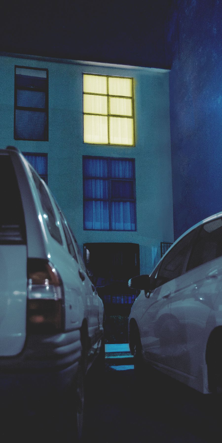 Dois carros estacionados em frente a uma casa à noite