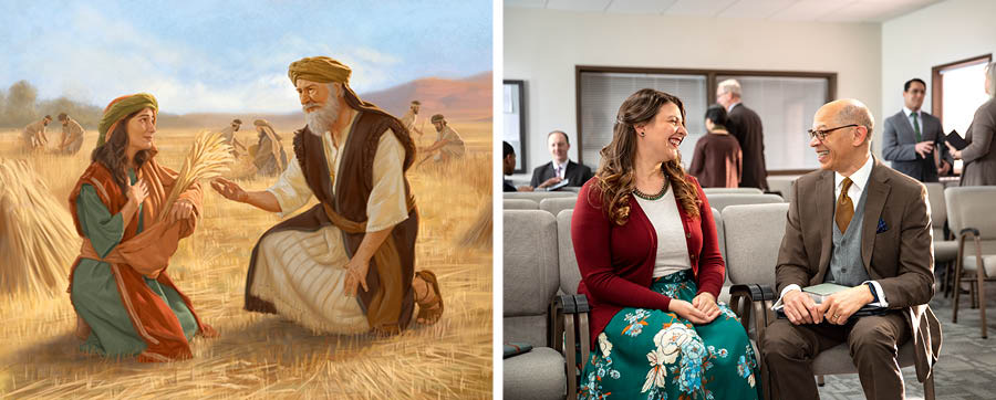 Conjunto de imagens: 1. Boaz conversa com Rute no campo onde ela está fazendo a respiga. 2. Um ancião conversa com uma irmã no Salão do Reino.