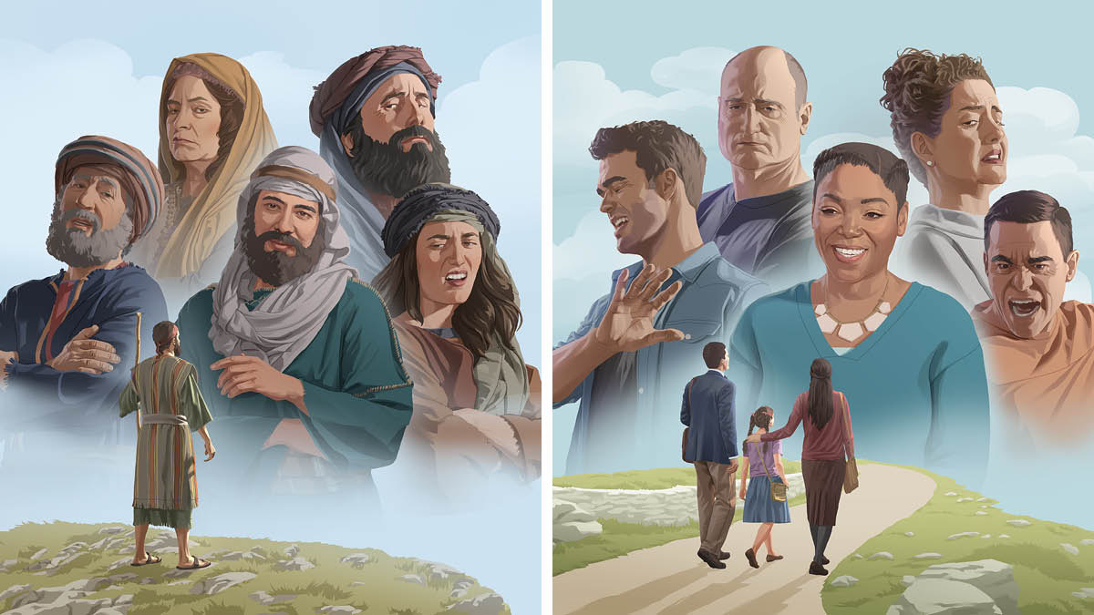 Conjunto de imagens: 1. Ezequiel em sua designação. A maioria das pessoas rejeita sua mensagem, mas um homem escuta com atenção. 2. Pai, mãe e filha na pregação. A maioria das pessoas rejeita a mensagem, mas uma mulher escuta com atenção.