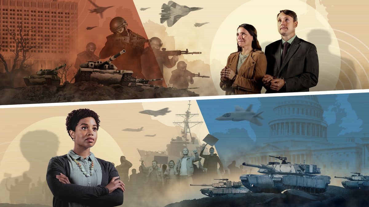 Conjunto de imagens: 1. O casal da primeira foto está preso com algemas, mas continua confiante. No fundo, aparecem a Casa Branca da Rússia e o mapa da Rússia. Um exército armado está atacando com armas de guerra, aviões-caça e tanques. 2. A irmã da foto anterior continua confiante. No fundo, aparecem o Capitólio dos Estados Unidos e os mapas dos Estados Unidos e da Grã-Bretanha. Pessoas protestam furiosas enquanto tanques, navios e aviões se preparam para a guerra.