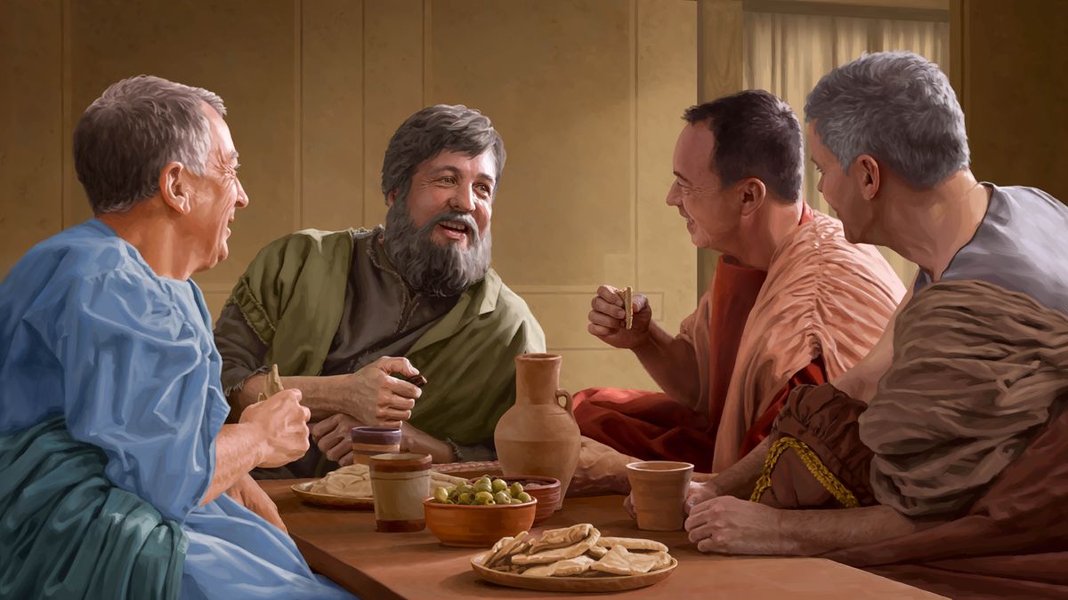 O apóstolo Pedro comendo com alguns irmãos gentios.