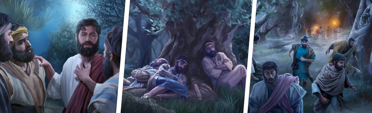 Conjunto de imagens: Jesus e os apóstolos de noite no jardim de Getsêmani. 1. Jesus falando com os apóstolos. 2. Os apóstolos estão dormindo. 3. Os apóstolos fogem quando Jesus é preso.