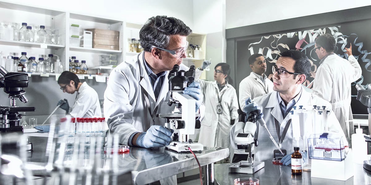 Cientistas trabalhando num laboratório
