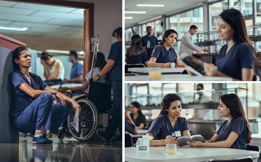 Conjunto de imagens: 1. Uma enfermeira sentada no chão do hospital, exausta. 2. Ela tira um intervalo e vê uma colega de trabalho feliz na lanchonete, lendo uma revista. 3. A colega de trabalho lê para ela um texto da Bíblia e entrega um cartão de visita do site.