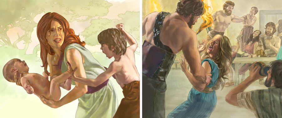 Мальчик бьет женщину, которая держит на руках младенца; нефилимы, сыновья злых ангелов, ведут себя жестоко 