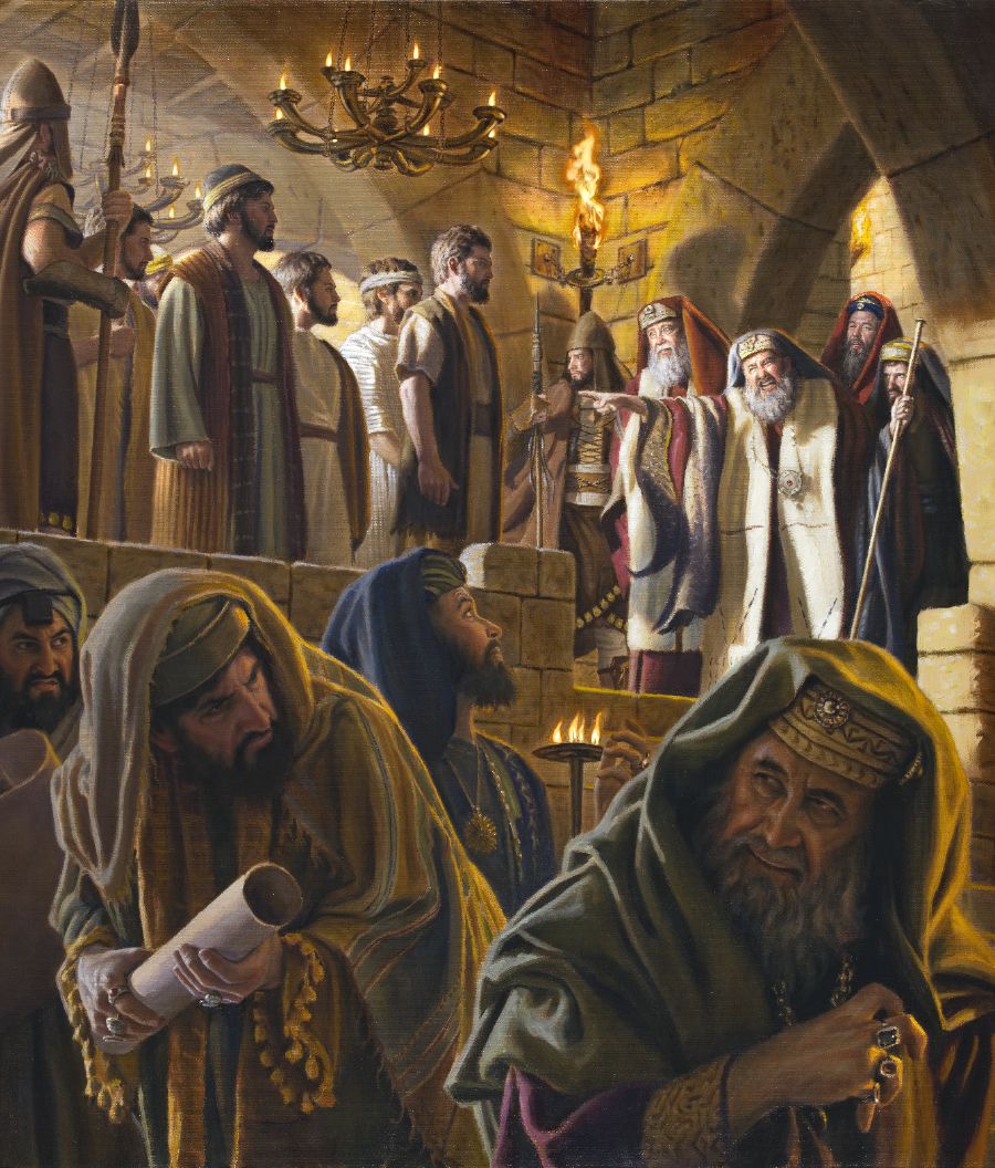 Caiafa îi acuză furios pe apostoli în timp ce restul Sanhedrinului privește.