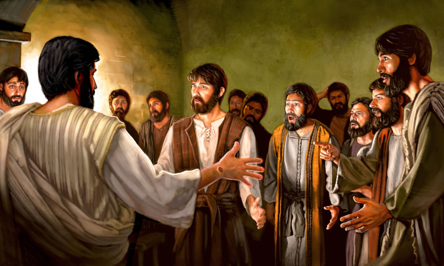 După învierea sa, Isus li se arată discipolilor care sunt adunaţi într-o încăpere
