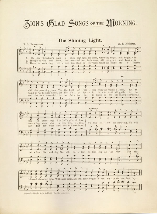 Partitură cu versuri pentru cântarea „Lumina strălucitoare” din „Cântările vesele de dimineaţă ale Sionului”, 1896