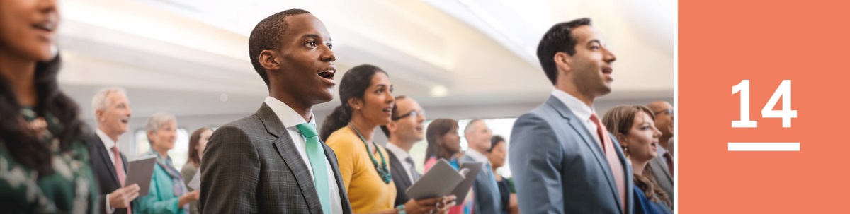 Lecția 14. Un grup de Martori ai lui Iehova și persoane invitate cântă la o întrunire a congregației.