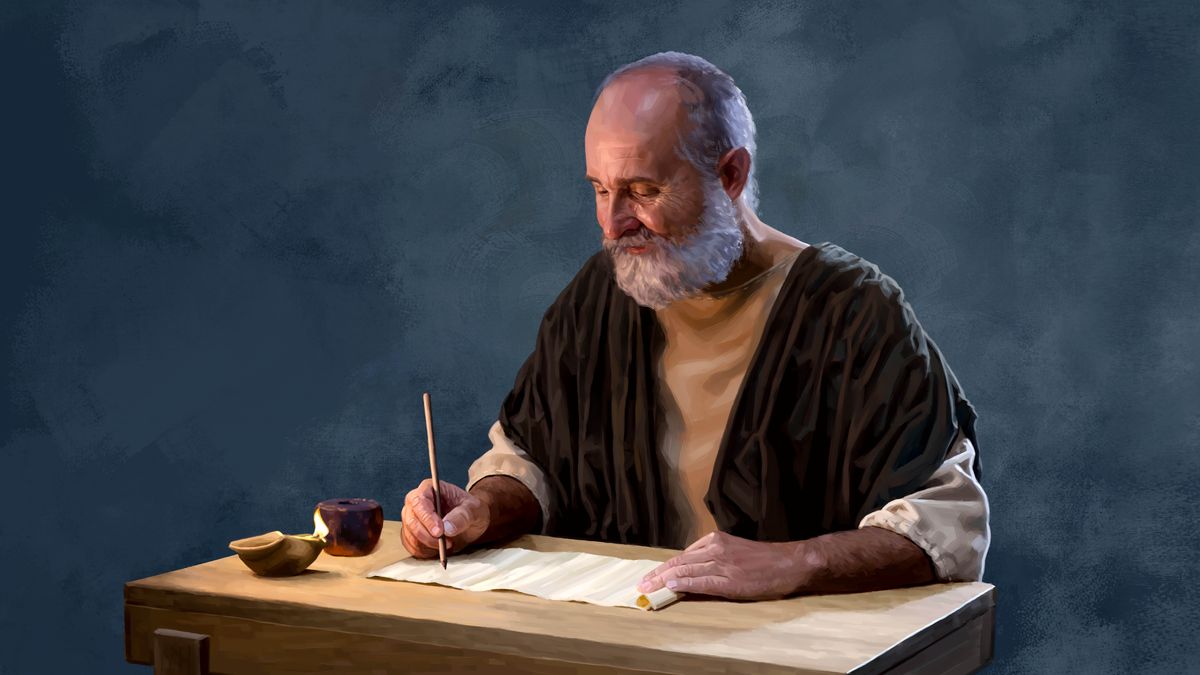 Apostolul Pavel scrie pe un sul.