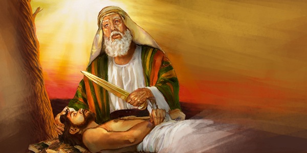 Авраам держит большой нож, Исаак лежит на жертвеннике