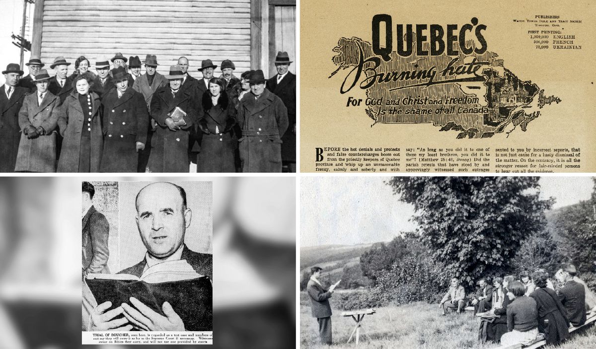 Свидетели Иеговы в Квебеке в 1940-х годах; специальный буклет; брат выступает с речью во время запрета; брат Эме Буше