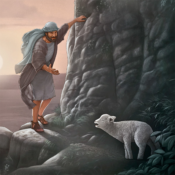 Пастух, идущий по склону горы, находит свою потерявшуюся овечку