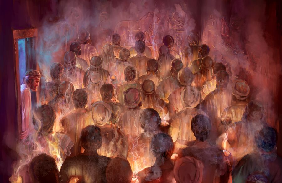 Семьдесят старейшин возносят фимиам ложным богам, изображённым на стене.