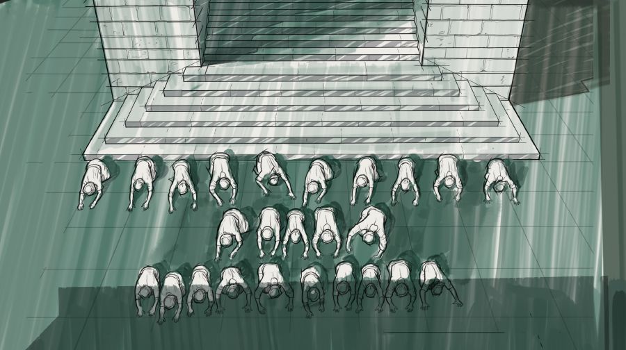 Двадцать пять мужчин кланяются солнцу во внутреннем дворе храма.