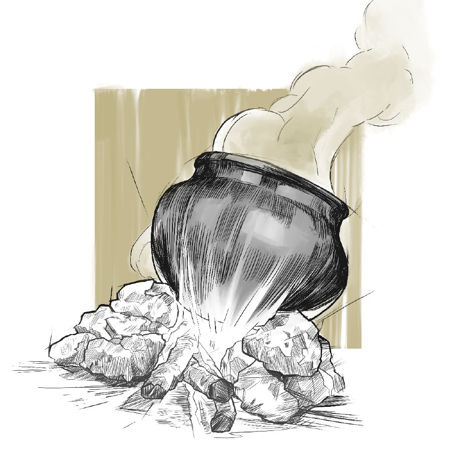 Котёл, поставленный на огонь.