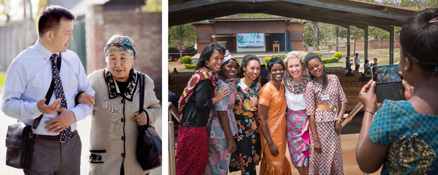 Коллаж: любящее всемирное братство. 1. Пожилая сестра проповедует с молодым братом, держа его под руку. 2. Сёстры разных национальностей позируют для фотографии на конгрессе.