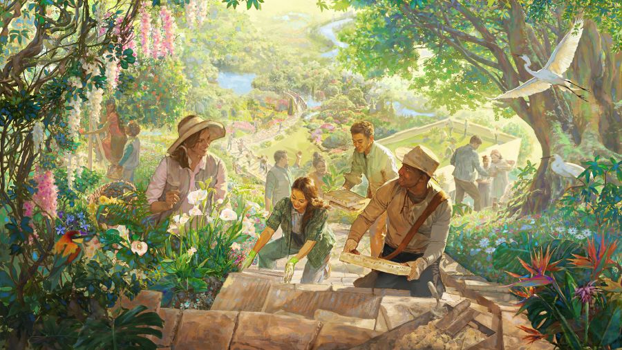 Молодые и здоровые люди с удовольствием трудятся в раю. На заднем фоне течёт река.