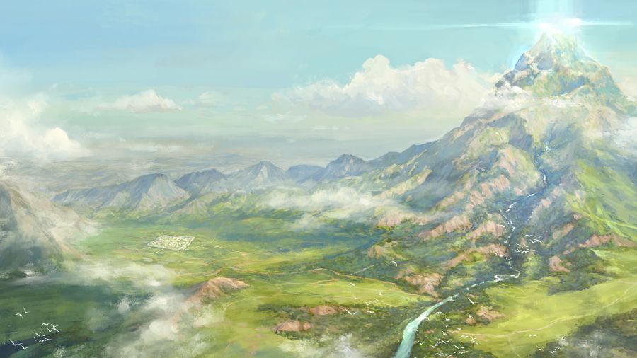 Вид сверху на участок земли, названный «весь дар», и на город под названием «Иегова там». Храм из видения Иезекииля, сияющий славой Иеговы и стоящий на вершине высокой горы, с которой течёт река.