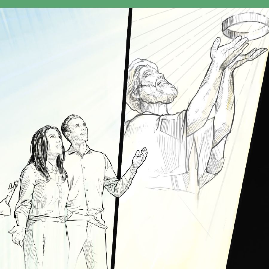 Коллаж: события накануне последнего испытания. 1. Совершенные люди смотрят в небеса. 2. Иисус отдаёт свой царский венец Иегове.