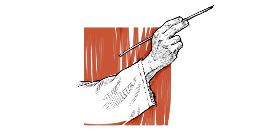 Человек с чернильницей держит стилус.