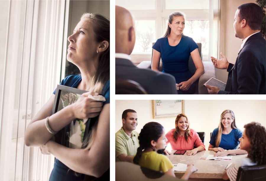 Коллаж: ничто не может отделить нас от любви Иеговы. 1. Овдовевшая сестра держит свадебную фотографию и смотрит в окно. 2. Двое старейшин утешают сестру. 3. Семья пригласила эту сестру на семейное поклонение.