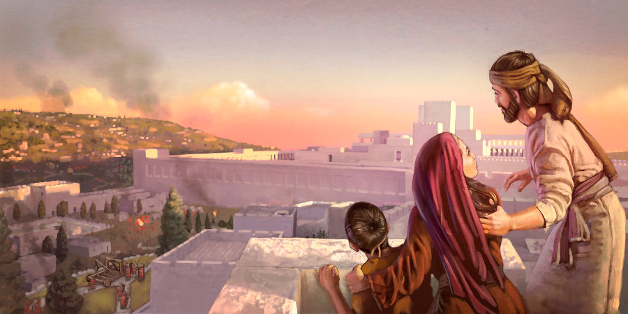 Христианская семья в первом веке видит с крыши своего дома, как солдаты делают подкоп под стену храма