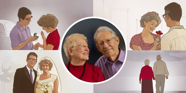 1. Счастливая пожилая супружеская пара; 2. Те же супруги во время своей помолвки, свадьбы, особого для них события; когда они идут рука об руку в их преклонные годы