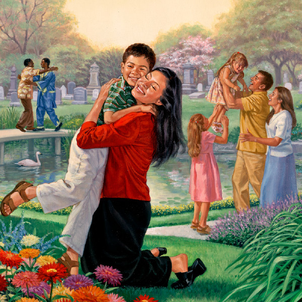 Люди встречают воскресших в раю на земле