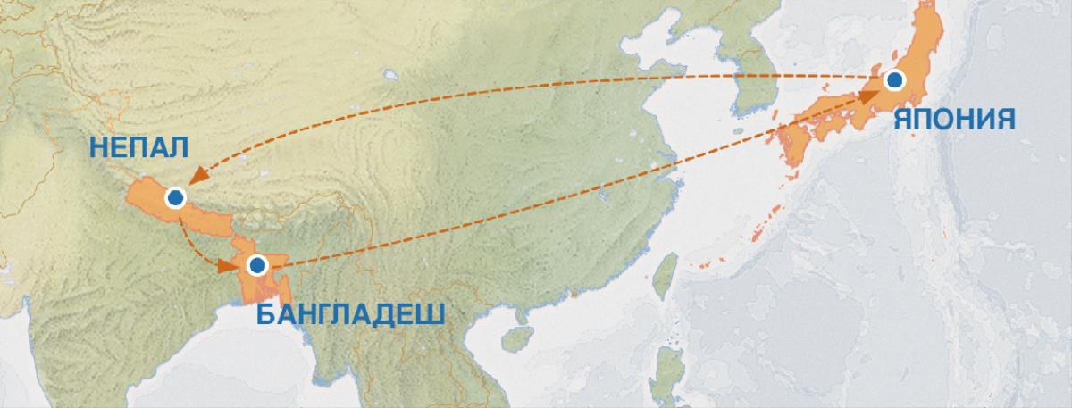 Карта, на которой отмечен путь из Японии в Непал, Бангладеш и обратно в Японию