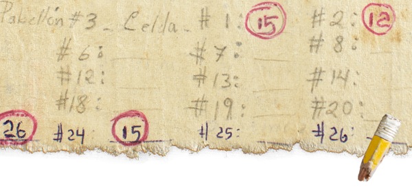 Бумага и карандаш, которые использовали для записи числа присутствовавших на Вечере воспоминания в тюрьме в Никарагуа