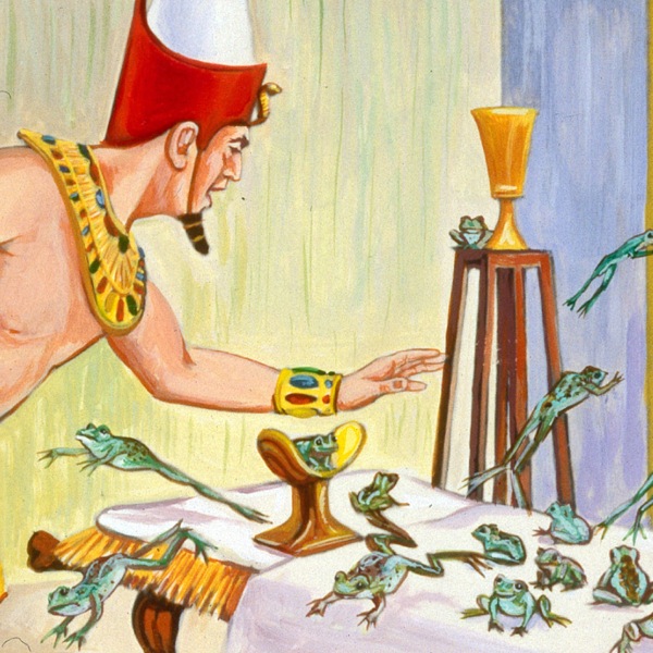 Pharaoh waves his hands to get the frogs off his bed during the second plague