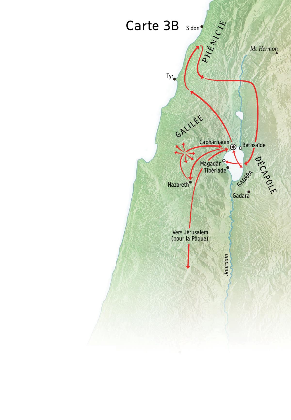 Carte indiquant des lieux associés au ministère de Jésus aux alentours de la Galilée, de la Phénicie et de la Décapole