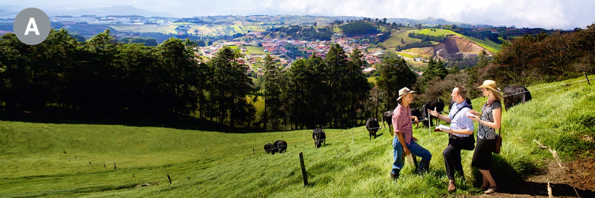 A. Dvojica Jehovových svedkov zvestuje mužovi na trávnatom svahu v Kostarike