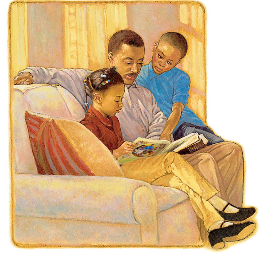 Otec číta svojim deťom knihu Uč sa od Veľkého Učiteľa