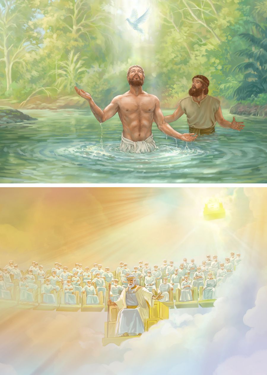 Jesu achangobva kubhabhatidzwa uye Jesu naJohani Mubhabhatidzi vanoona mweya mutsvene wakaita senjiva uye vanonzwa mashoko aJehovha; Jesu ari pachigaro cheUmambo kudenga