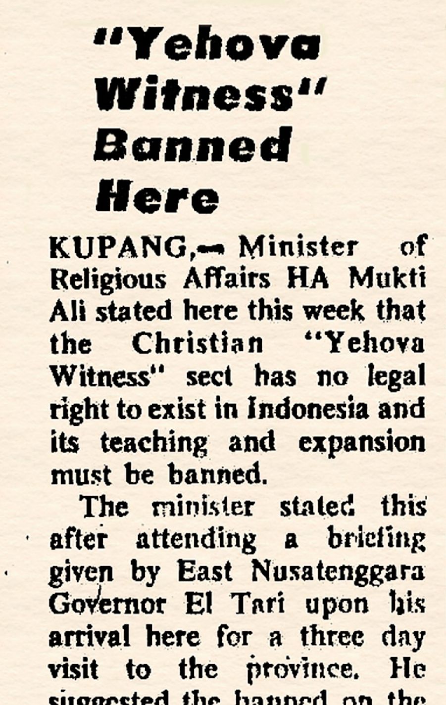 Novinski članak o zabrani delatnosti Jehovinih svedoka u Indoneziji, objavljen decembra 1976.