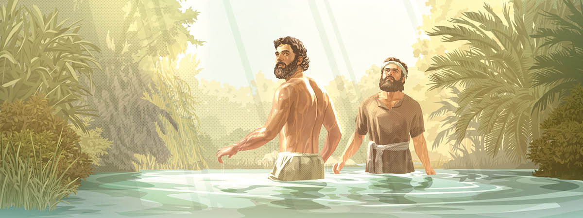 Jesús y Juan el Bautista de pie en un río escuchando una voz del cielo justo después del bautismo de Jesús.