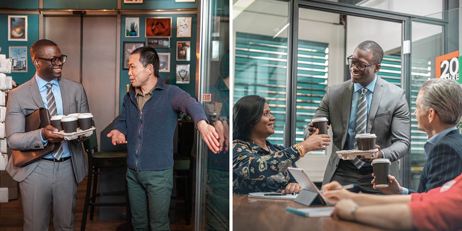 Litšoantšo: 1. Monna oa Asia o bulela monna e motšo lemati ea tšoereng likopi tsa kofi. 2. Monna eo e motšo o fa basebetsi ’moho le eena kofi, ho akareletsa mosali eane oa le-India ea hlahileng pejana.