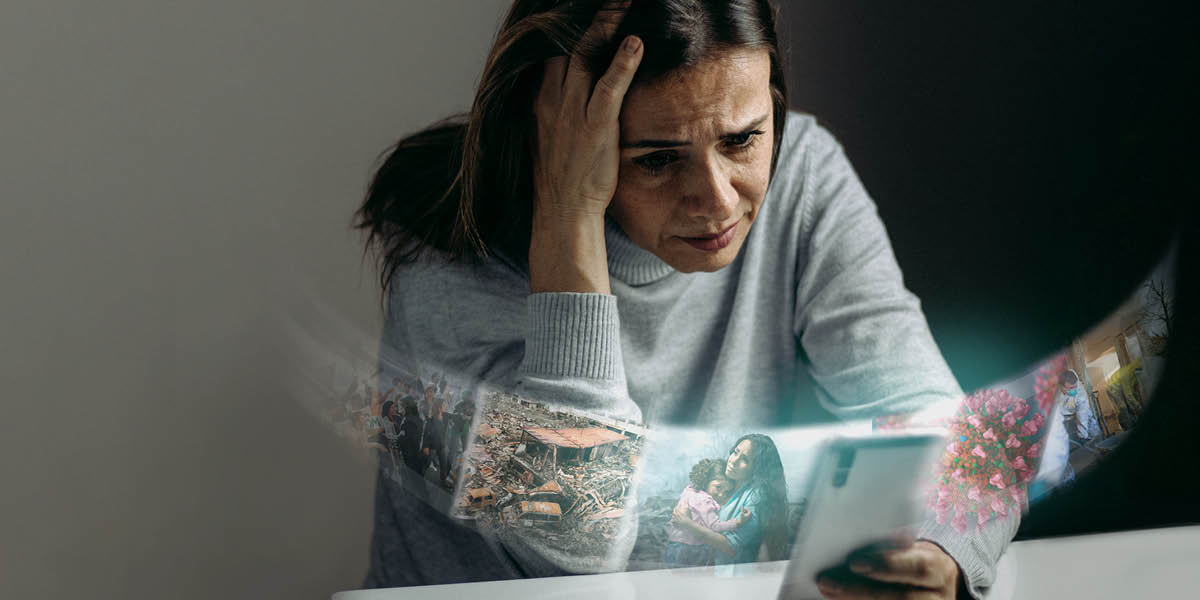 ’Mè ea tšoenyehileng o shebile founo ea hae. O shebile litšoantšo tse bontšang merusu, likoluoa tsa tlhaho, ’mè ea nkileng ngoana oa hae, likaroloana tsa kokoana-hloko ea corona le kamore ea baoki.