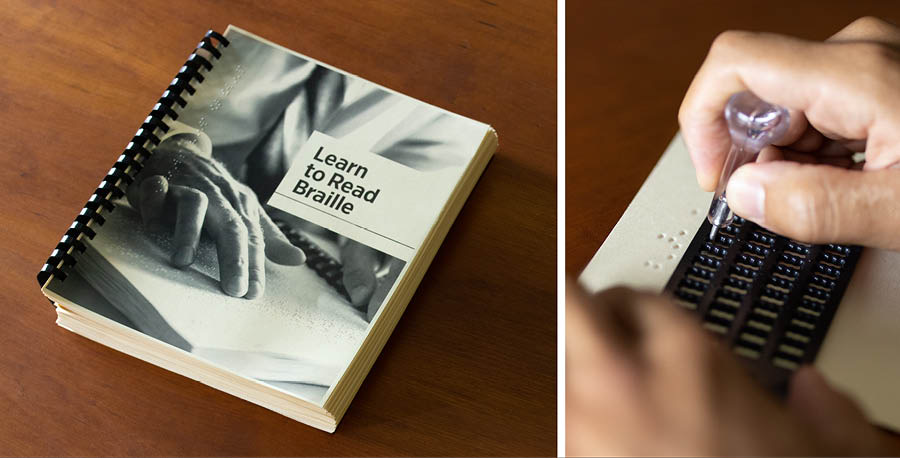 Litšoantšo: 1. Bukana ea “Learn to Read Braille.” 2. Motho o sebelisa lithulusi tsa ho ithuta braille.