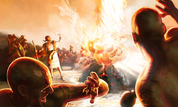 Mollo o tsoang leholimong o chesa nyehelo ea Elia baprofeta ba Baale ba ntse ba shebile