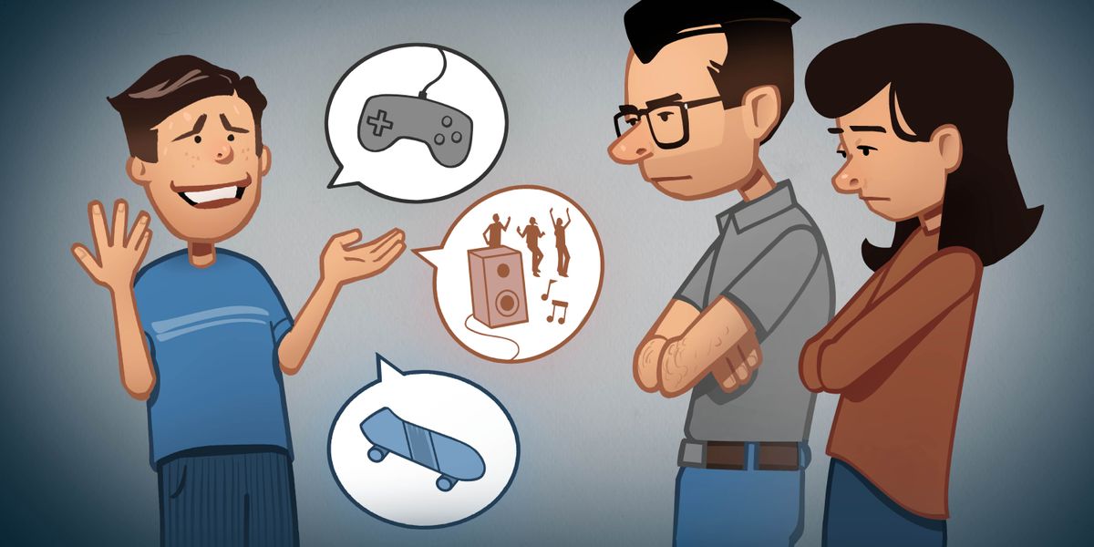 Mocha o bua le batsoali ba hae. Ha ba ntse ba bua le eena o inahanetse ka video game, bacha ba phathing le ka skateboard. Batsoali ba hae ba phuthile matsoho ba mo shebile ba tiisitse lifahleho.