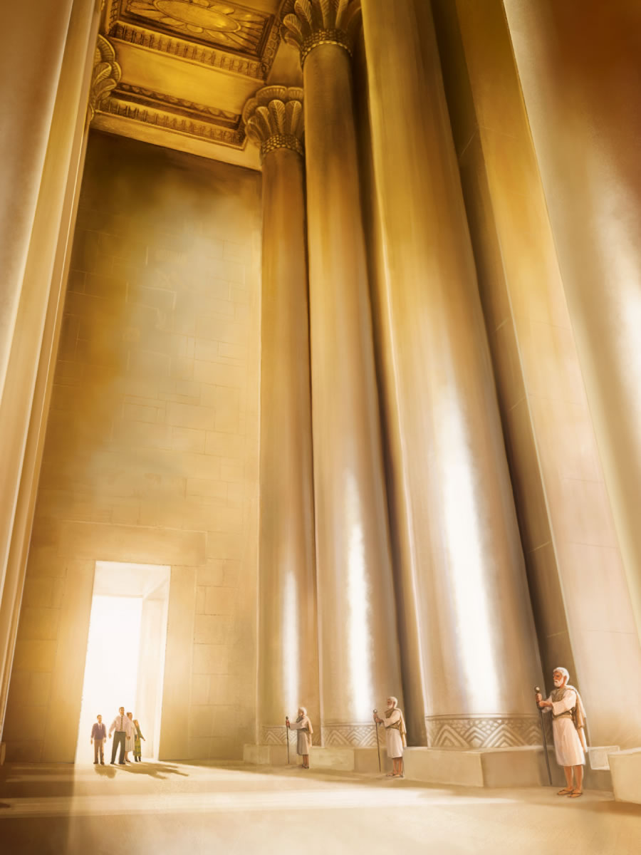 Individuals looking into the courtyard of Jehovah’s great spiritual temple with guards stationed at the entryway