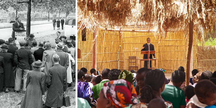 1. An outdoor meeting of Jehovah’s Witnesses in London in 1945; 2. An outdoor convention of Jehovah’s Witnesses in Malawi