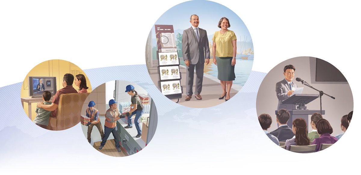 Litšoantšo: Lipaki Tsa Jehova lefatšeng lohle li fumana litaelo tse tsoang ho Sehlopha se Busang ’me lia li latela. 1. Lelapa le shebeletse lenaneo la JW Broadcasting. 2. Baithaopi ba Lipaki ba palamisa liphallelo terakeng. 3. Lipaki tse peli li etsa mosebetsi oa ho ruta Bibele ka toroli. 4. Moholo o bala lengolo libokeng.