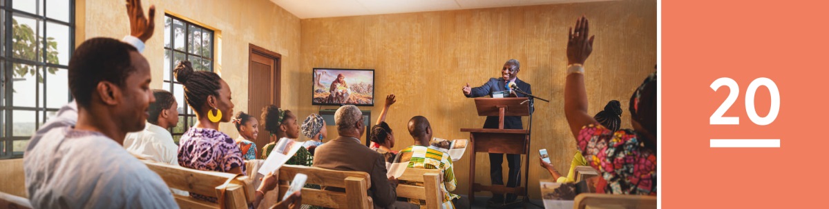 Khaolo ea 20. Libokeng tsa Lipaki Tsa Jehova, mor’abo rona o botsa potso ’me batho ba bang ba phahamisa matsoho.