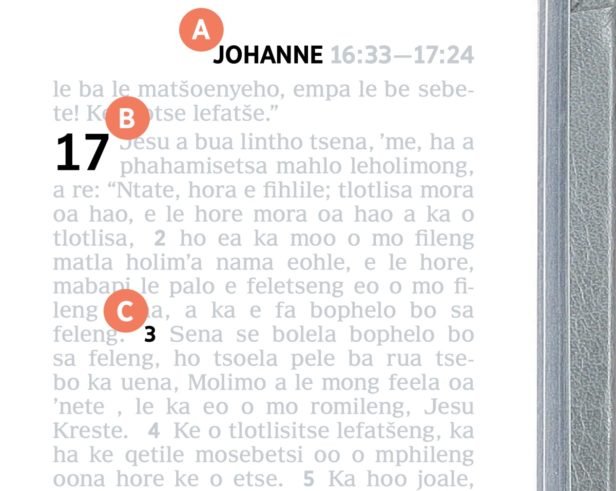 Matšoao a bontšang karolo ea A, B le C leqepheng la Bibele.